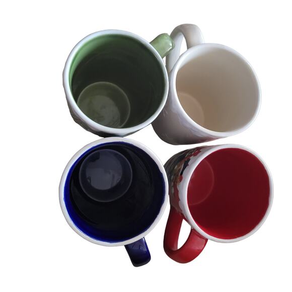 Christmas, Winter, Holiday Mugs Cups Set of 4 One Red One Blue One Tan One Green - Picture 7 of 12